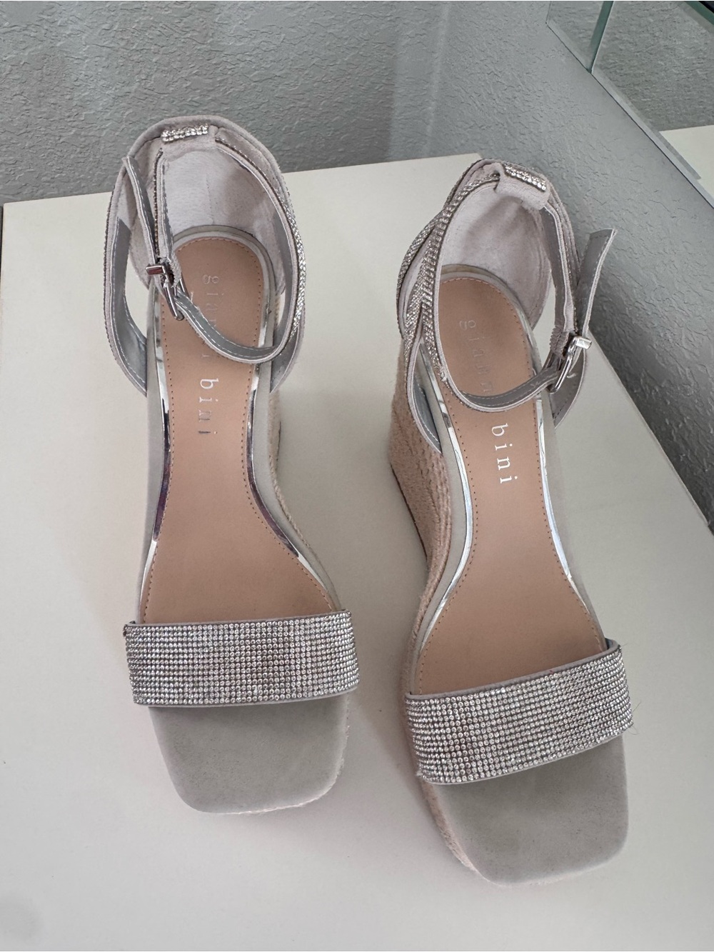Gianni Bini Silver Rhinestone Espadrille Wedge Sandals